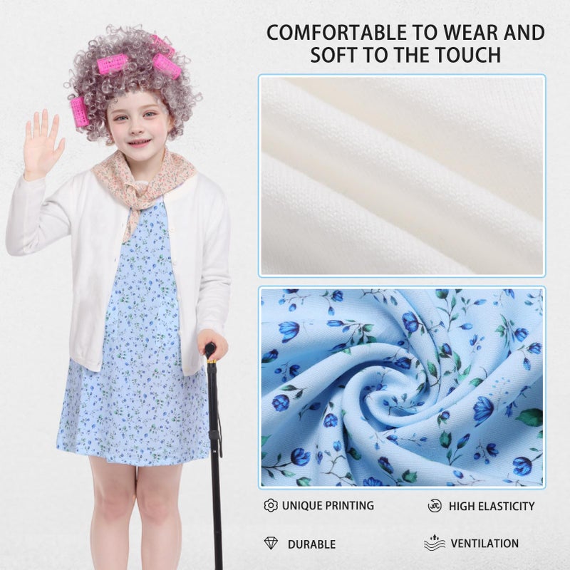Kicpot Old Lady Costume for Kids Girls 100 Days Of School Costume Grandma Costume Granny Old Lady Dress Up (Blue  5-7Y) - Image 2